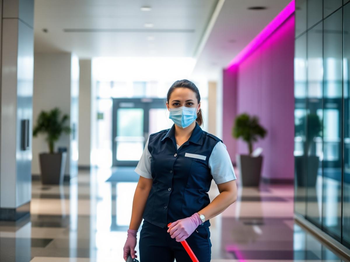 CleanLiving operative working in a commercial lobby